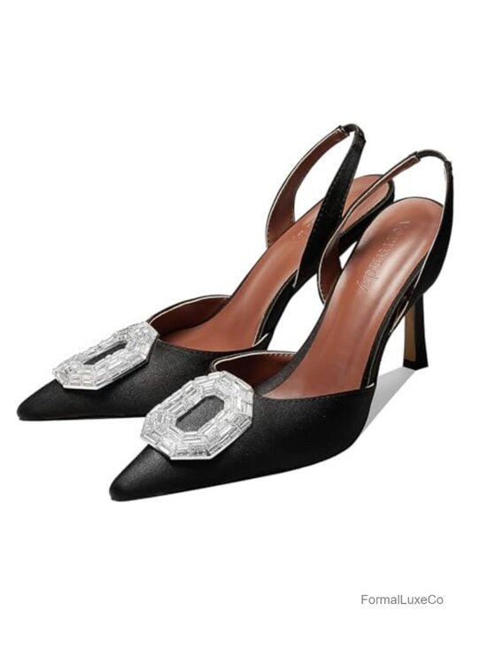 Shoes - Satin Rhinestone Slingback Pumps Stiletto High Heels Pointed Toe Crystal Party